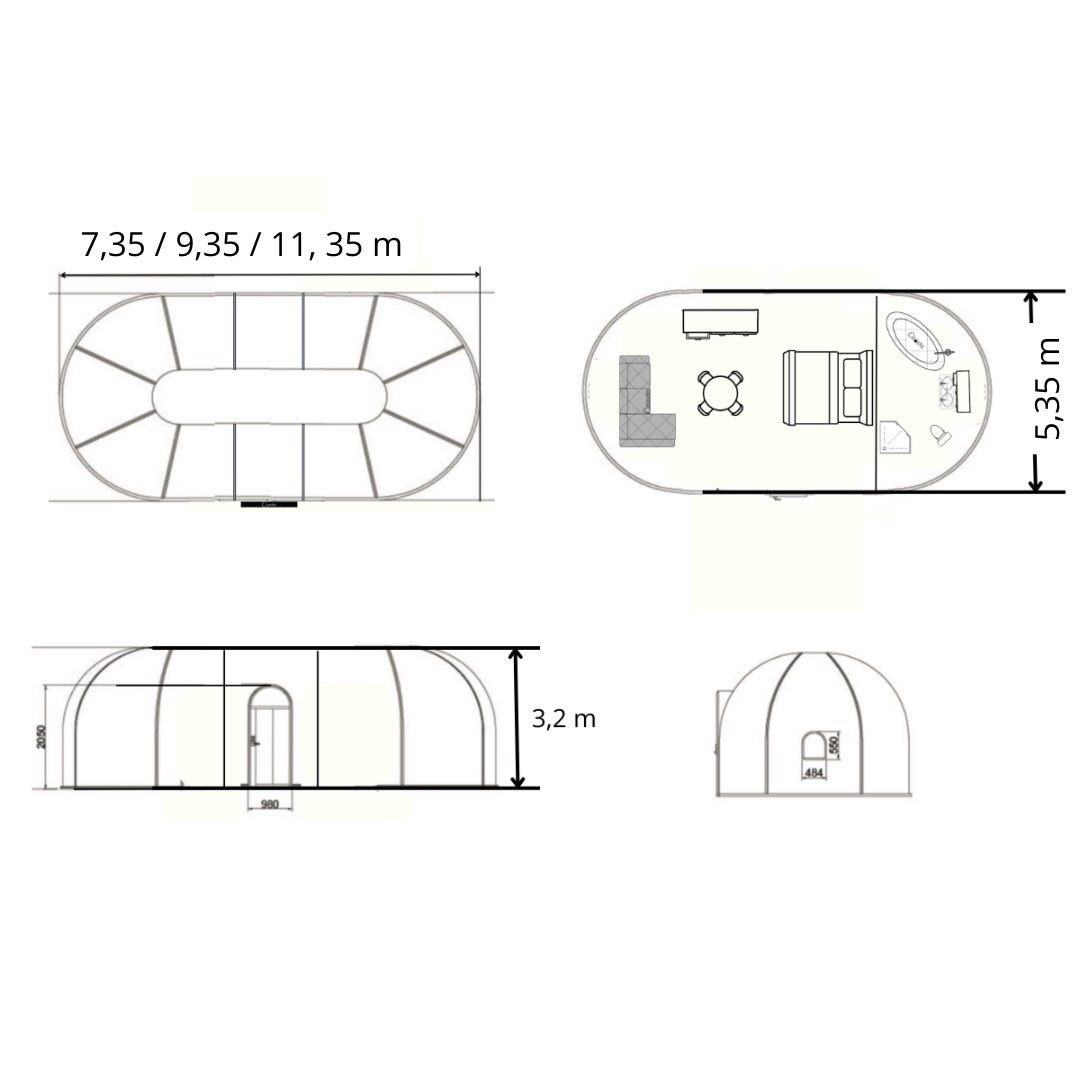 Ovale Glaskuppel aus Polycarbonat Größe 5,35 * 11,35 m, Bubble-Dome, Glashaus, Glasdome, Wintergarten, Glas-Iglu, wasserdicht, schlagfest, beständig gegen Feuer, Wind und Schneelast