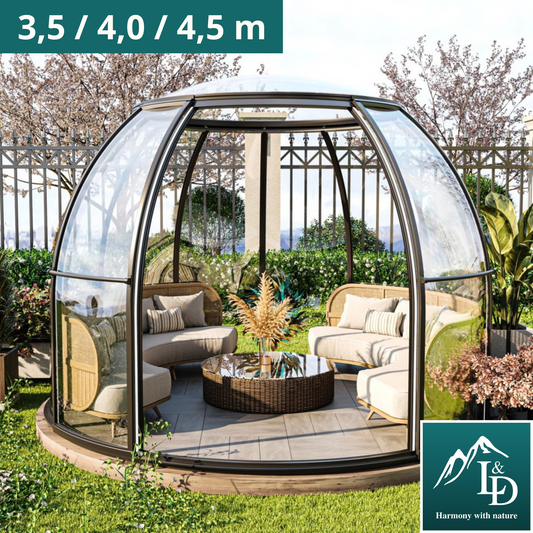 Iglu-Glaskuppel aus Polycarbonat mit Schiebetür, 3,5 / 4,0 / 4,5 m Bubble-Dome, Glashaus, Glasdome, Wintergarten, Glas-Iglu, wasserdicht, schlagfest, beständig gegen Feuer, Wind und Schneelast