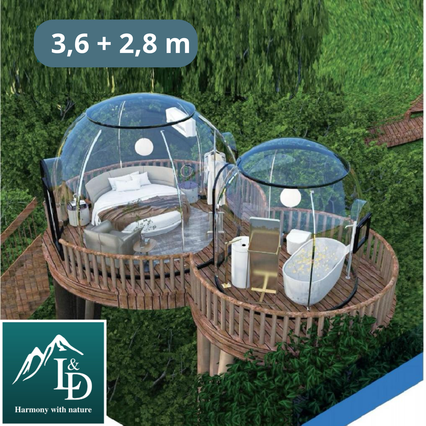 Iglu-Glaskuppelnset aus Polycarbonat 3,6 + 2,8 m, Bubble-Dome, Glasdome, Glashaus, Wintergarten, wasserdicht, schlagfest, beständig gegen Feuer, Wind und Schneelast