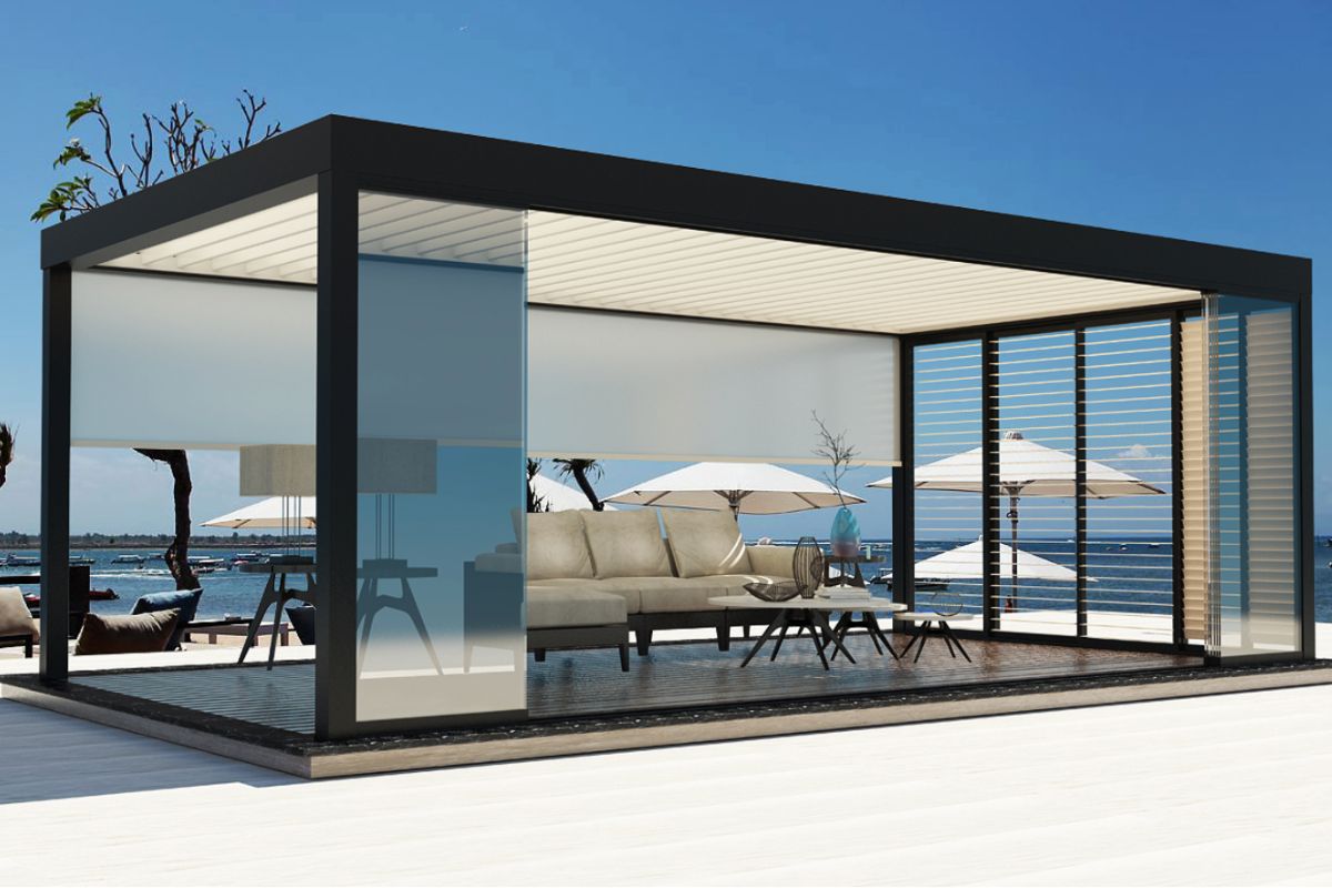Terrassenpergola 4,0 x 6,0 m, Höhe 2,7 m mit drehbarem Lamellendach und Motorantrieb, Terrassenüberdachung