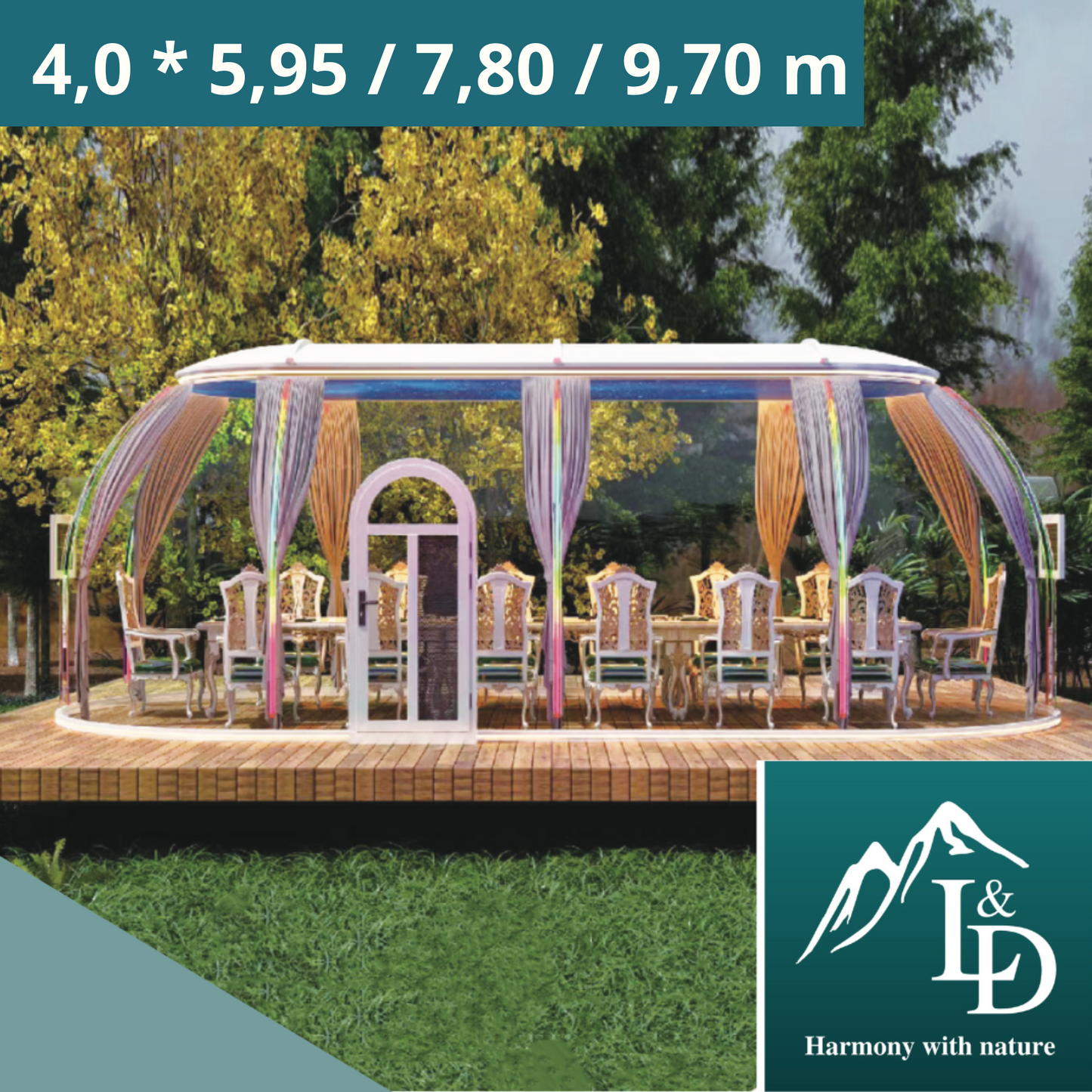 Ovale Glaskuppel aus Polycarbonat Größe 4,0 * 5,95 / 7,80 / 9,70 m, Bubble-Dome, Glashaus, Glasdome, Wintergarten, Glas-Iglu, wasserdicht, schlagfest, beständig gegen Feuer, Wind und Schneelast