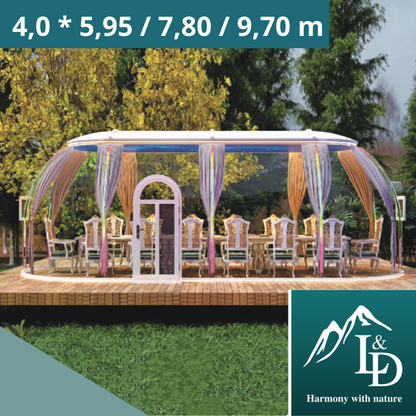 Ovale Glaskuppel aus Polycarbonat Größe 4,0 * 5,95 / 7,80 / 9,70 m, Bubble-Dome, Glashaus, Glasdome, Wintergarten, Glas-Iglu, wasserdicht, schlagfest, beständig gegen Feuer, Wind und Schneelast
