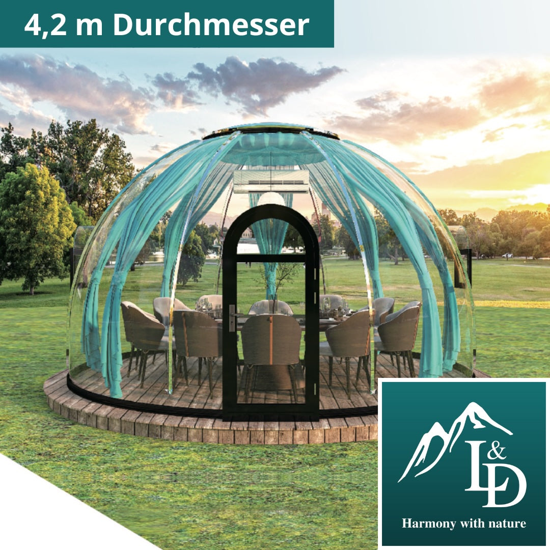 Iglu-Glaskuppel aus Polycarbonat 4,2 m, Bubble-Dome, Glasdome, Glashaus, Wintergarten, wasserdicht, schlagfest, beständig gegen Feuer, Wind und Schneelast