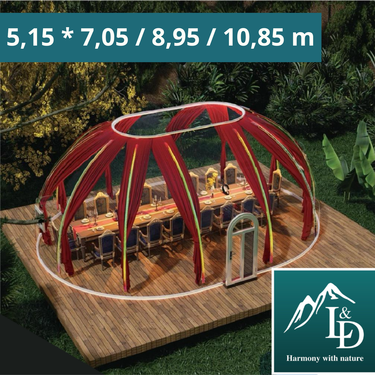 Ovale Glaskuppel aus Polycarbonat Größe 5,15 * 7,05 / 8,95 / 10,85 m, Bubble-Dome, Glashaus, Glasdome, Wintergarten, Glas-Iglu, wasserdicht, schlagfest, beständig gegen Feuer, Wind und Schneelast