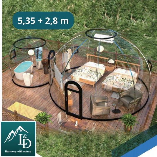 Iglu-Glaskuppelnset aus Polycarbonat 5,35 + 2,8 m, Bubble-Dome, Glasdome, Glashaus, Wintergarten, wasserdicht, schlagfest, beständig gegen Feuer, Wind und Schneelast
