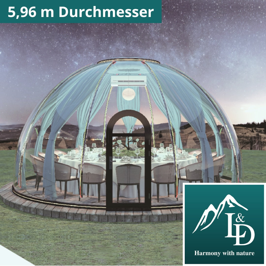 Iglu-Glaskuppel aus Polycarbonat 5,96 m, Bubble-Dome, Glasdome, Glashaus, Wintergarten, wasserdicht, schlagfest, beständig gegen Feuer, Wind und Schneelast