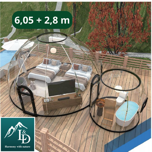Iglu-Glaskuppelnset aus Polycarbonat 6,05 + 2,8 m, Bubble-Dome, Glasdome, Glashaus, Wintergarten, wasserdicht, schlagfest, beständig gegen Feuer, Wind und Schneelast