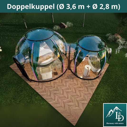 Iglu-Glaskuppelnset aus Polycarbonat 3,6 + 2,8 m, Bubble-Dome, Glasdome, Glashaus, Wintergarten, wasserdicht, schlagfest, beständig gegen Feuer, Wind und Schneelast