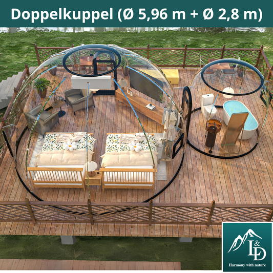Iglu-Glaskuppelnset aus Polycarbonat 5,96 + 2,8 m, Bubble-Dome, Glasdome, Glashaus, Wintergarten, wasserdicht, schlagfest, beständig gegen Feuer, Wind und Schneelast