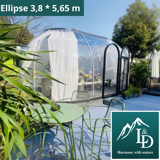 Ovale Glaskuppel aus Polycarbonat Größe 3,80 * 5,65 m, Bubble-Dome, Glashaus, Glasdome, Wintergarten, Glas-Iglu, wasserdicht, schlagfest, beständig gegen Feuer, Wind und Schneelast