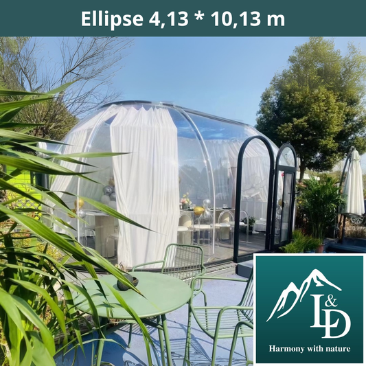 Ovale Glaskuppel aus Polycarbonat Größe 4,13 * 10,13 m, Bubble-Dome, Glashaus, Glasdome, Wintergarten, Glas-Iglu, wasserdicht, schlagfest, beständig gegen Feuer, Wind und Schneelast