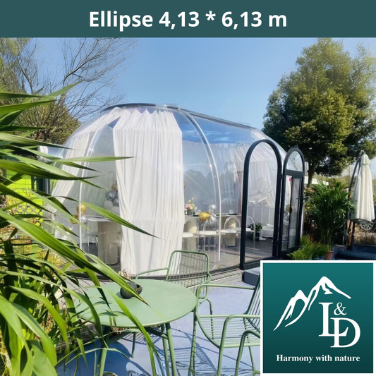 Ovale Glaskuppel aus Polycarbonat Größe 4,13 * 6,13 m, Bubble-Dome, Glashaus, Glasdome, Wintergarten, Glas-Iglu, wasserdicht, schlagfest, beständig gegen Feuer, Wind und Schneelast