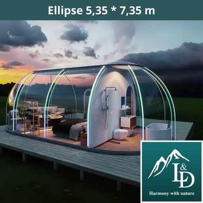 Ovale Glaskuppel aus Polycarbonat Größe 5,35 * 7,35 m, Bubble-Dome, Glashaus, Glasdome, Wintergarten, Glas-Iglu, wasserdicht, schlagfest, beständig gegen Feuer, Wind und Schneelast
