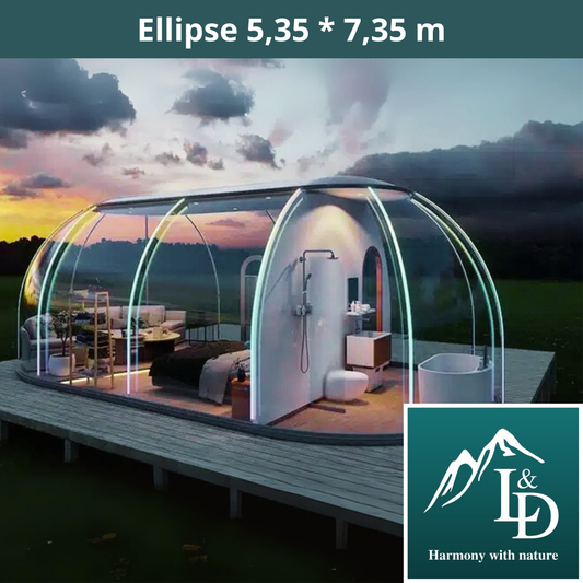 Ovale Glaskuppel aus Polycarbonat Größe 5,35 * 7,35 m, Bubble-Dome, Glashaus, Glasdome, Wintergarten, Glas-Iglu, wasserdicht, schlagfest, beständig gegen Feuer, Wind und Schneelast
