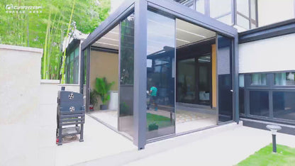 Terrassenpergola 3,0 x 3,0 m, Höhe 2,7 m mit drehbarem Lamellendach und Motorantrieb, Terrassenüberdachung