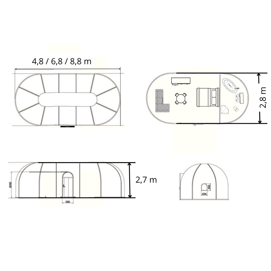 Ovale Glaskuppel aus Polycarbonat Größe 2,8 * 8,80 m, Bubble-Dome, Glashaus, Glasdome, Wintergarten, Glas-Iglu, wasserdicht, schlagfest, beständig gegen Feuer, Wind und Schneelast