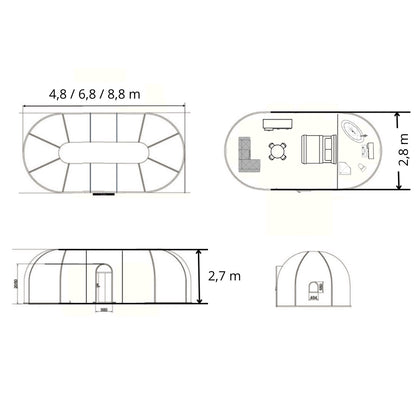 Ovale Glaskuppel aus Polycarbonat Größe 2,8 * 8,80 m, Bubble-Dome, Glashaus, Glasdome, Wintergarten, Glas-Iglu, wasserdicht, schlagfest, beständig gegen Feuer, Wind und Schneelast