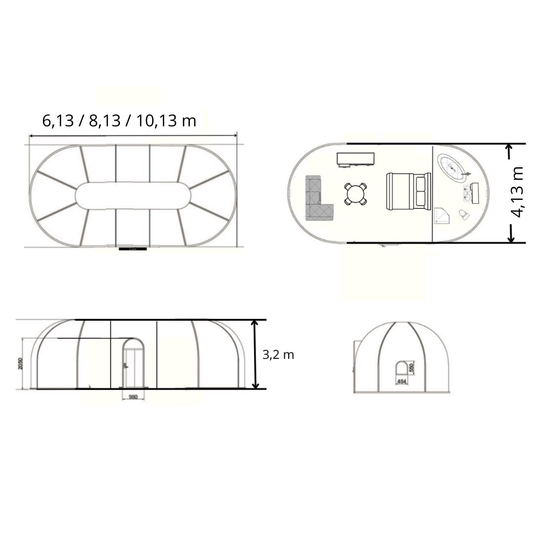 Ovale Glaskuppel aus Polycarbonat Größe 4,13 * 10,13 m, Bubble-Dome, Glashaus, Glasdome, Wintergarten, Glas-Iglu, wasserdicht, schlagfest, beständig gegen Feuer, Wind und Schneelast