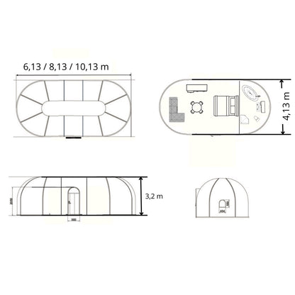 Ovale Glaskuppel aus Polycarbonat Größe 4,13 * 10,13 m, Bubble-Dome, Glashaus, Glasdome, Wintergarten, Glas-Iglu, wasserdicht, schlagfest, beständig gegen Feuer, Wind und Schneelast
