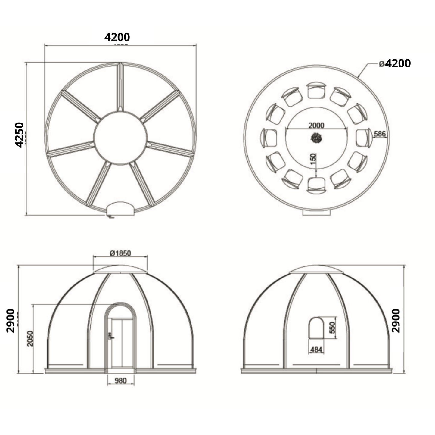 Iglu-Glaskuppel aus Polycarbonat 4,2 m, Bubble-Dome, Glasdome, Glashaus, Wintergarten, wasserdicht, schlagfest, beständig gegen Feuer, Wind und Schneelast