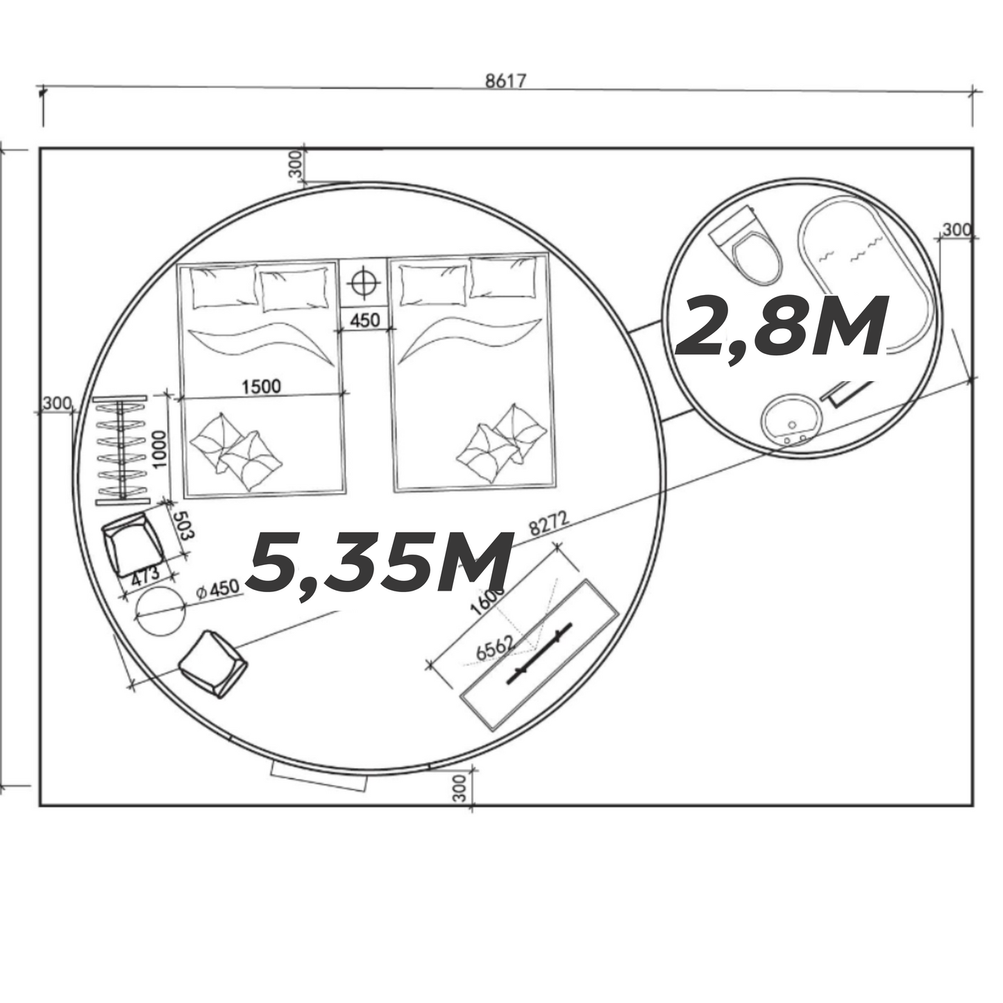 Iglu-Glaskuppelnset aus Polycarbonat 5,35 + 2,8 m, Bubble-Dome, Glasdome, Glashaus, Wintergarten, wasserdicht, schlagfest, beständig gegen Feuer, Wind und Schneelast