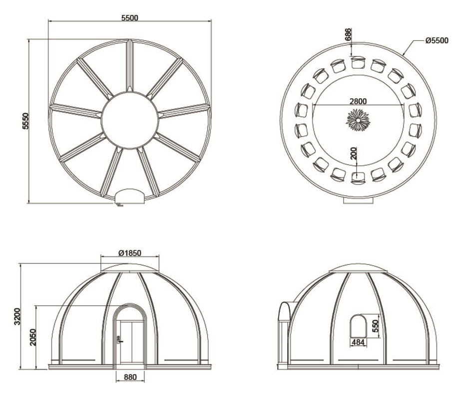 Iglu-Glaskuppel aus Polycarbonat 5,35 m, Bubble-Dome, Glasdome, Glashaus, Wintergarten, wasserdicht, schlagfest, beständig gegen Feuer, Wind und Schneelast