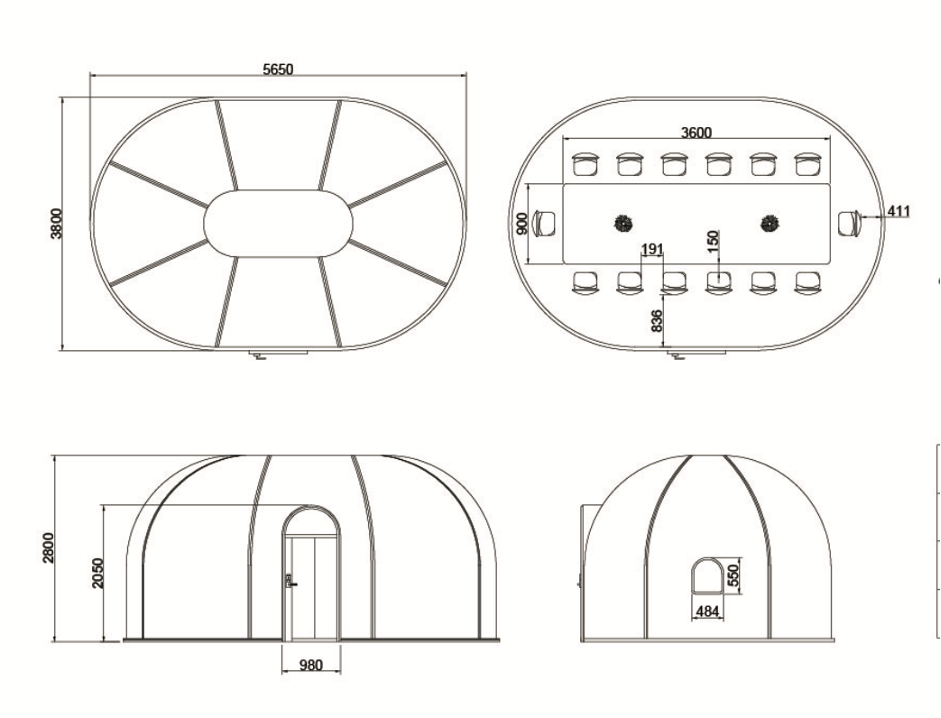 Ovale Glaskuppel aus Polycarbonat Größe 3,8 * 5,65 / 7,50 / 9,35 m, Bubble-Dome, Glashaus, Glasdome, Wintergarten, Glas-Iglu, wasserdicht, schlagfest, beständig gegen Feuer, Wind und Schneelast