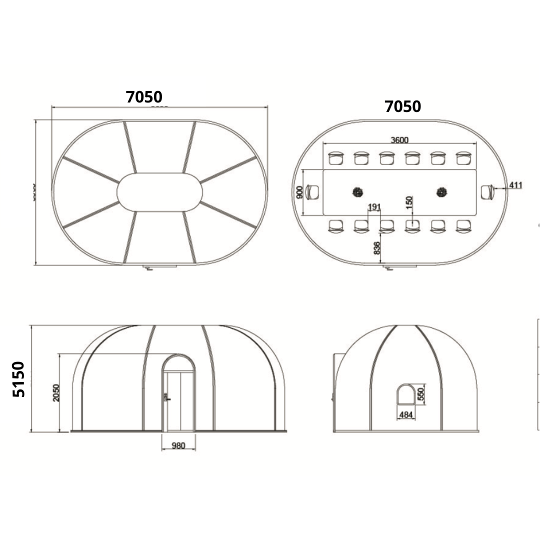 Ovale Glaskuppel aus Polycarbonat Größe 5,15 * 7,05 / 8,95 / 10,85 m, Bubble-Dome, Glashaus, Glasdome, Wintergarten, Glas-Iglu, wasserdicht, schlagfest, beständig gegen Feuer, Wind und Schneelast