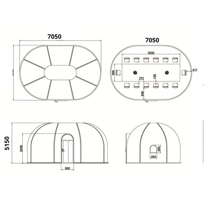 Ovale Glaskuppel aus Polycarbonat Größe 5,15 * 7,05 / 8,95 / 10,85 m, Bubble-Dome, Glashaus, Glasdome, Wintergarten, Glas-Iglu, wasserdicht, schlagfest, beständig gegen Feuer, Wind und Schneelast